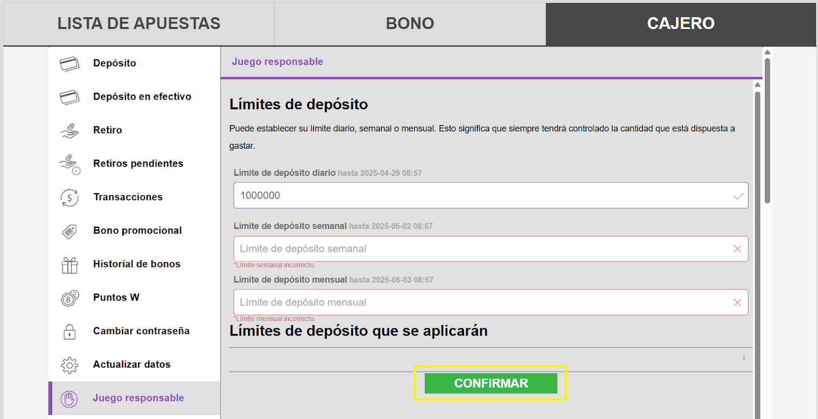 Wplay límites de depósito