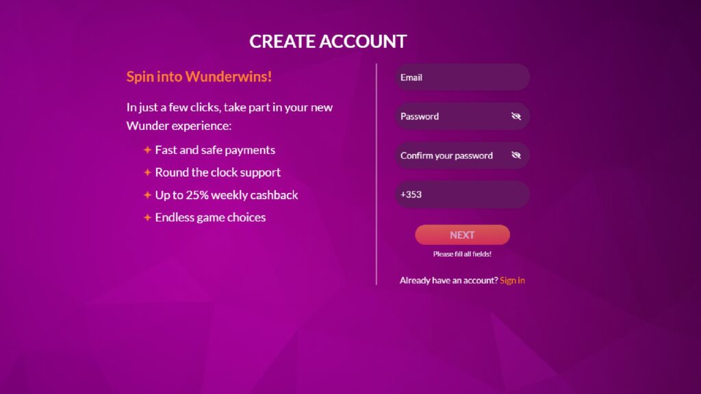 Step 1: Enter you details for the casino wunderwins account