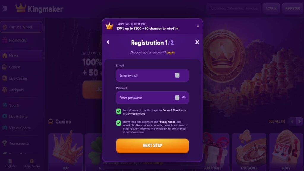 registration process at kingmaker casino