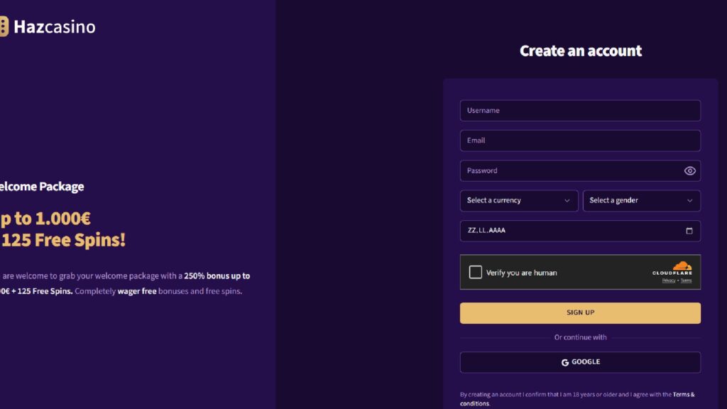 Step 1: Enter you details for the Haz online casino