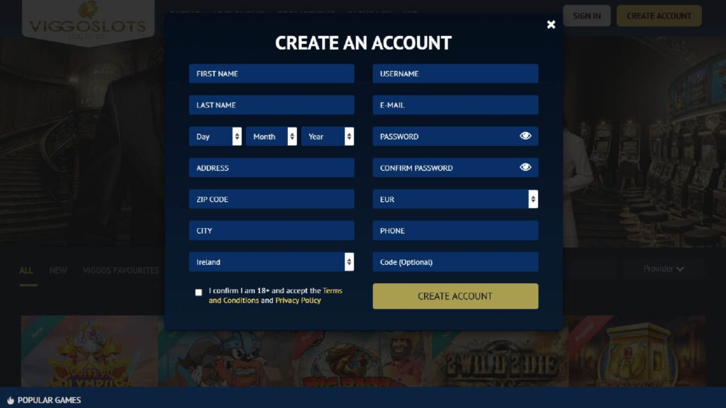 Step 1: Enter you details for the Viggoslots com account