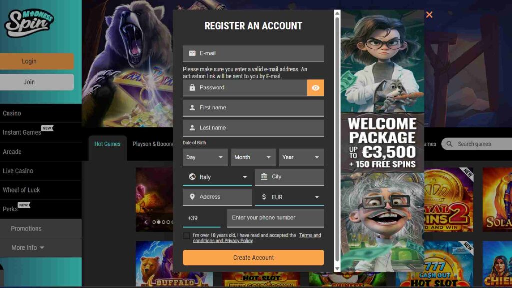 Step 1: Enter you details for the Spinmadness.casino 