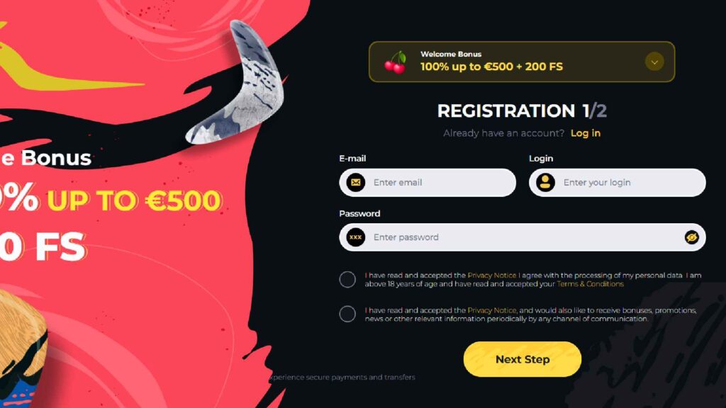 Step 1: Enter you details for the Boomerangcasino account