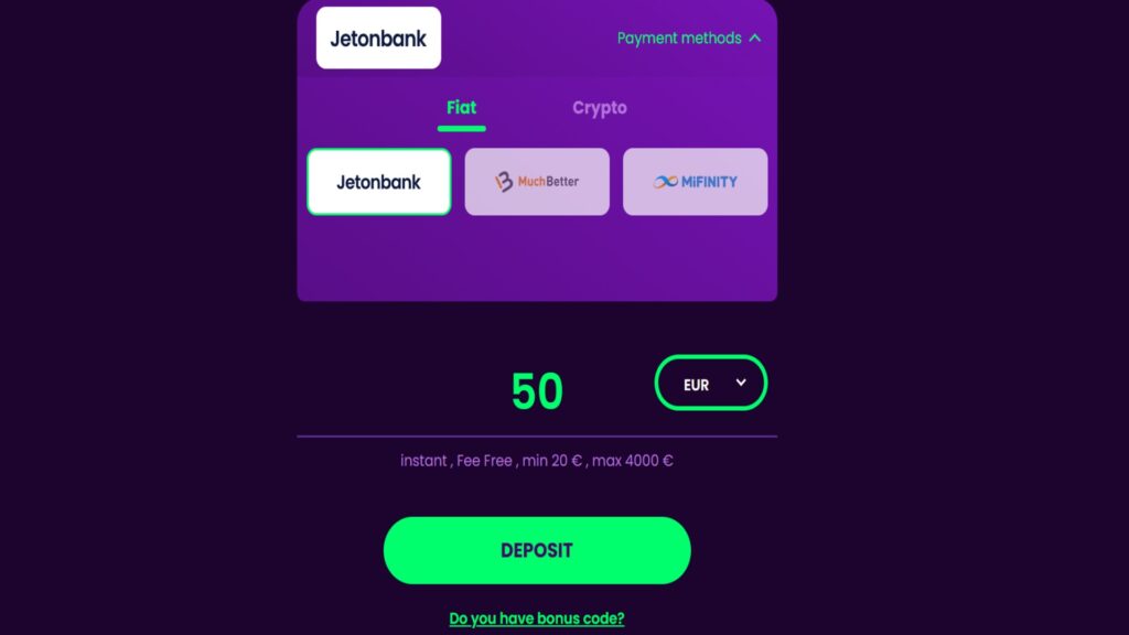 Rocket Casino deposit page with fiat and crypto options as well as limits
