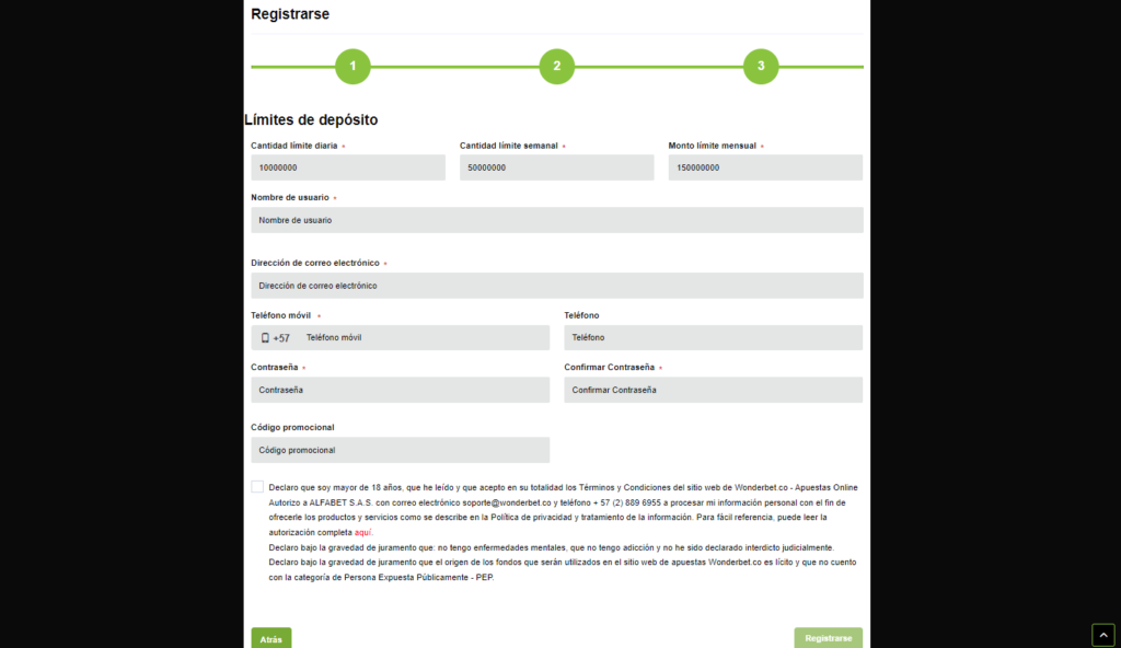 Wonderbet formulario de registro 3