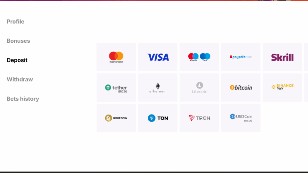 The payment page for the Hitnspincasino deposits