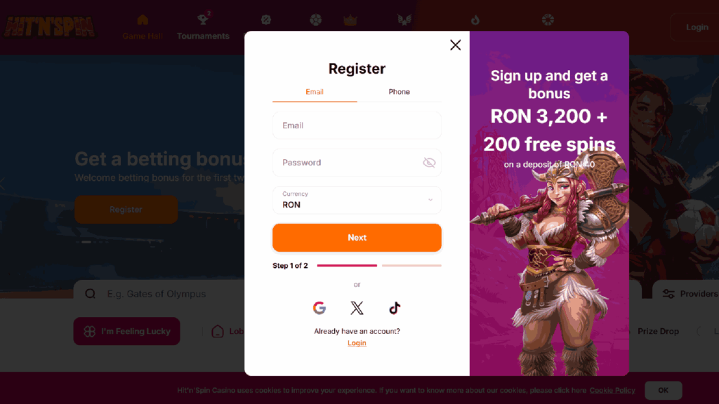 Step 1: Enter you details for the Hit n Spin account