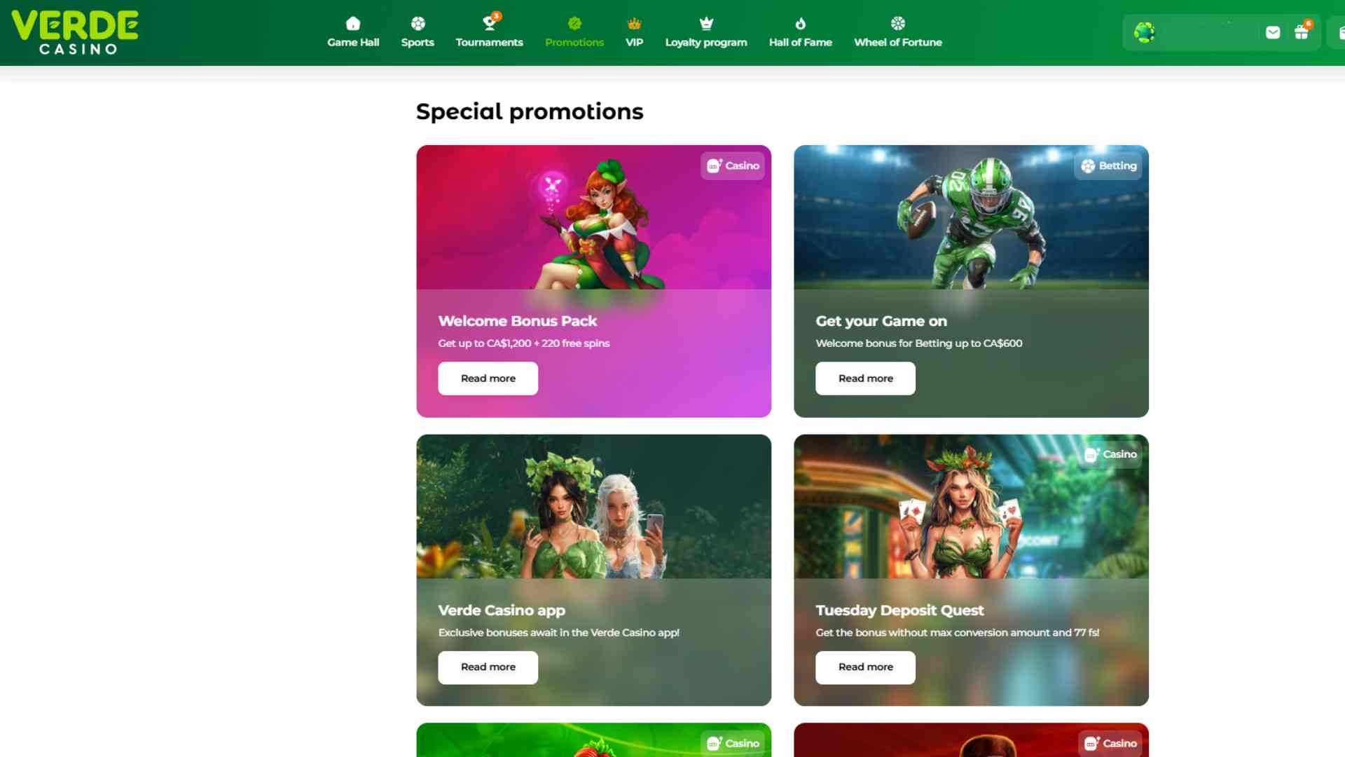 Screenshot of Verde Casino promotions page with a welcome bonus pack and deposit offers