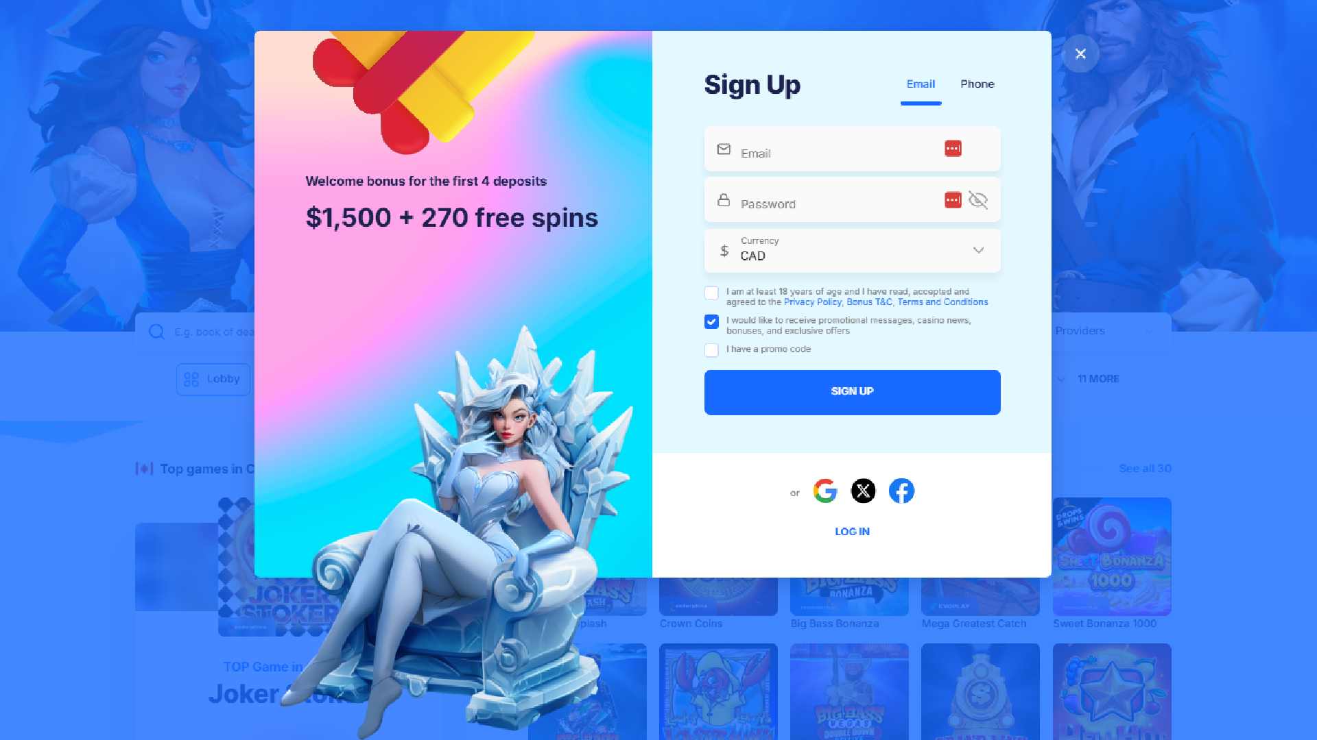 Ice Casino sign up page with welcome bonus banner and registration form fields.