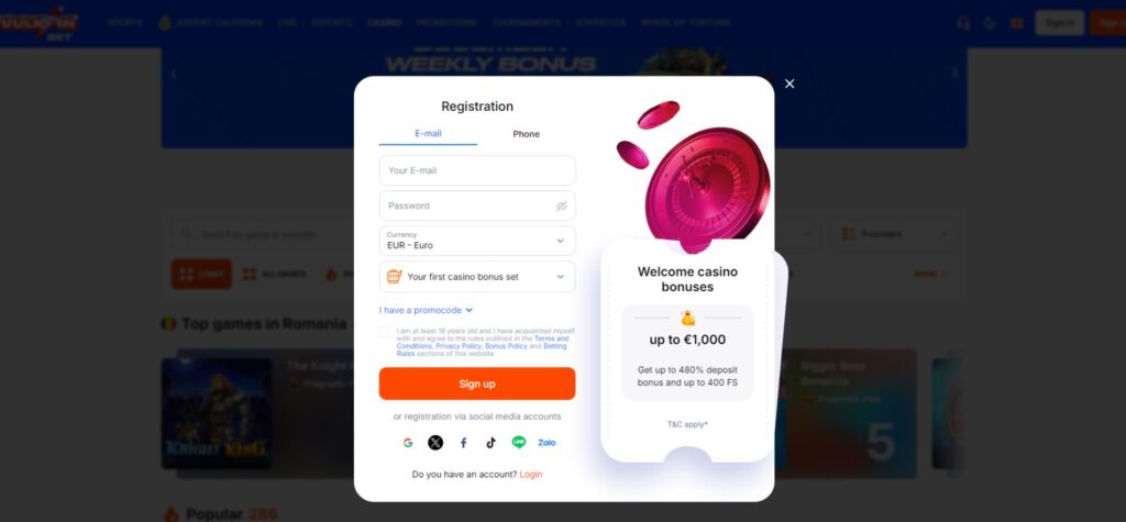 Vulkan Bet Casino sign up form with email, password, currency selection, bonus , and code fields.