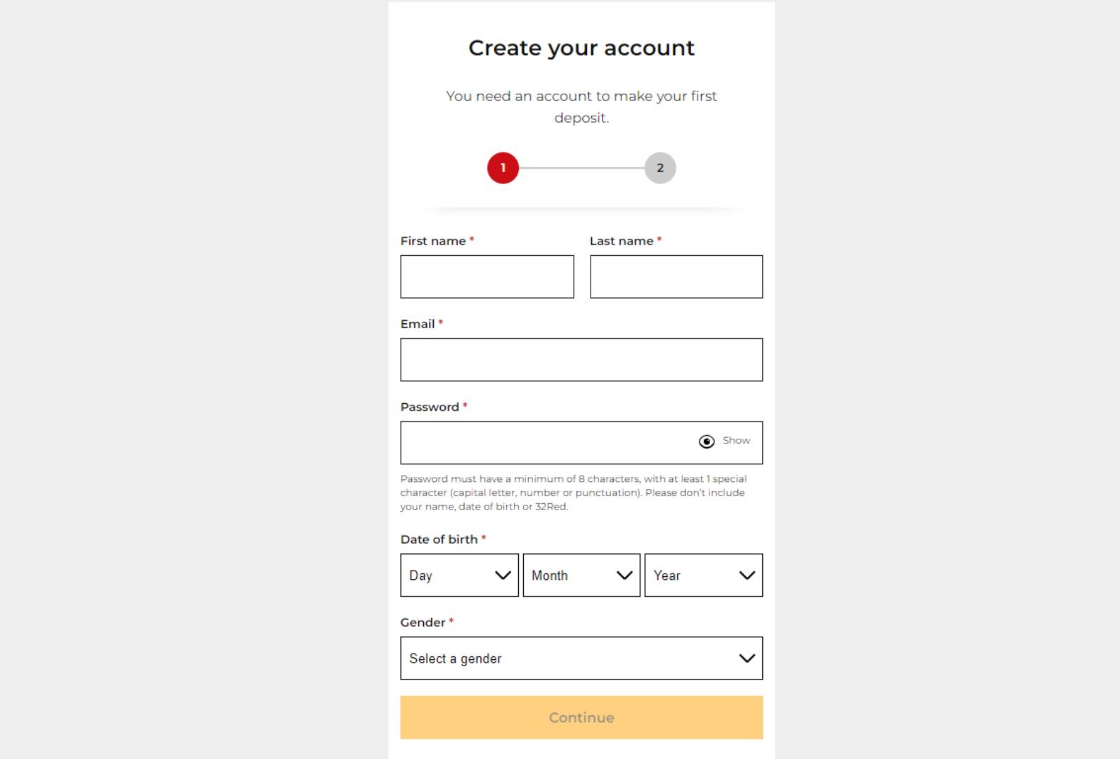 32 Red Casino registration page with fields for name, email, credentials, birthdate and gender.