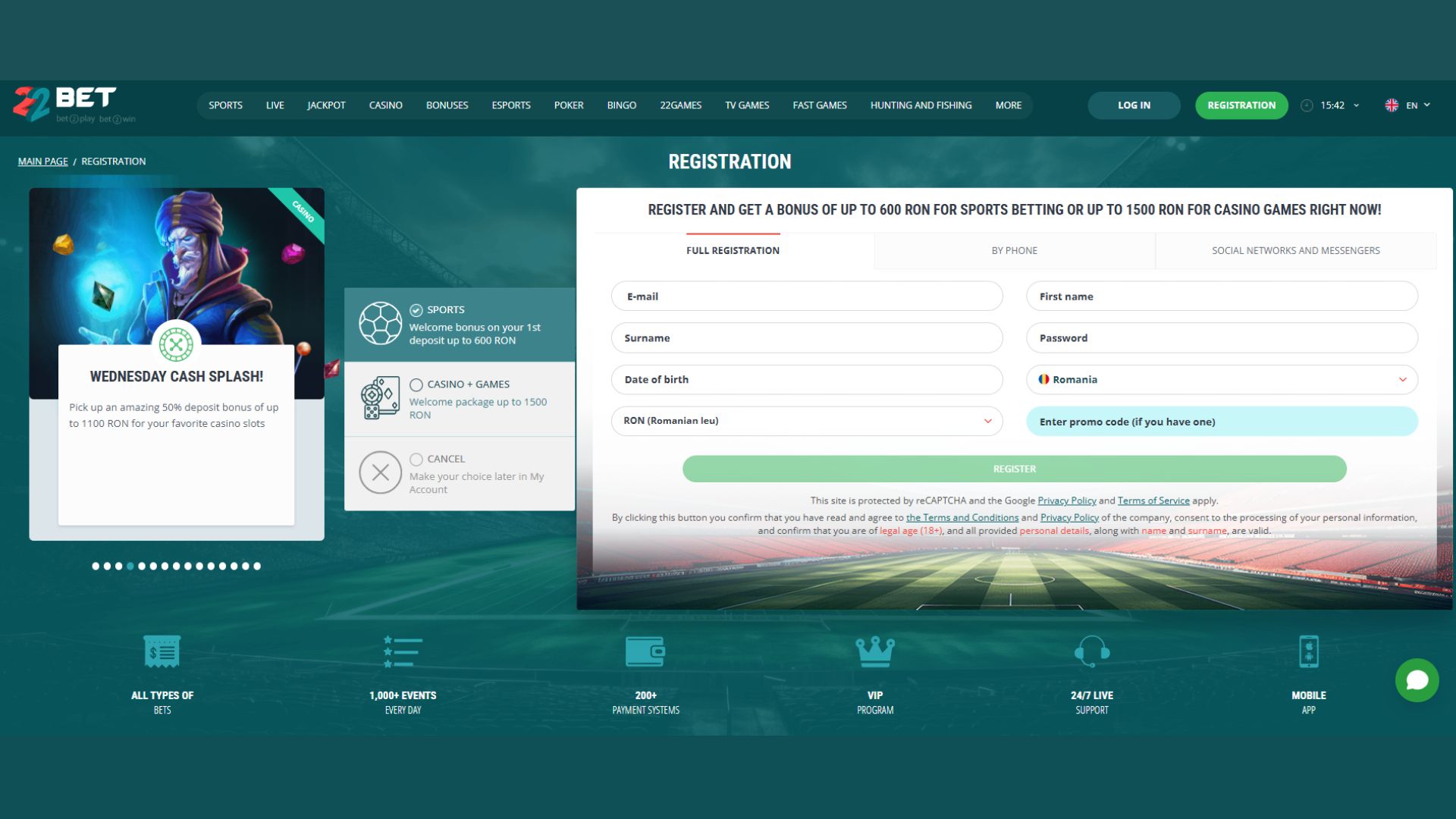 22 bet casino registration