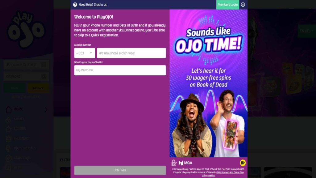 The registration form at PlayOJO Casino, showing all the fields that need to be completed.