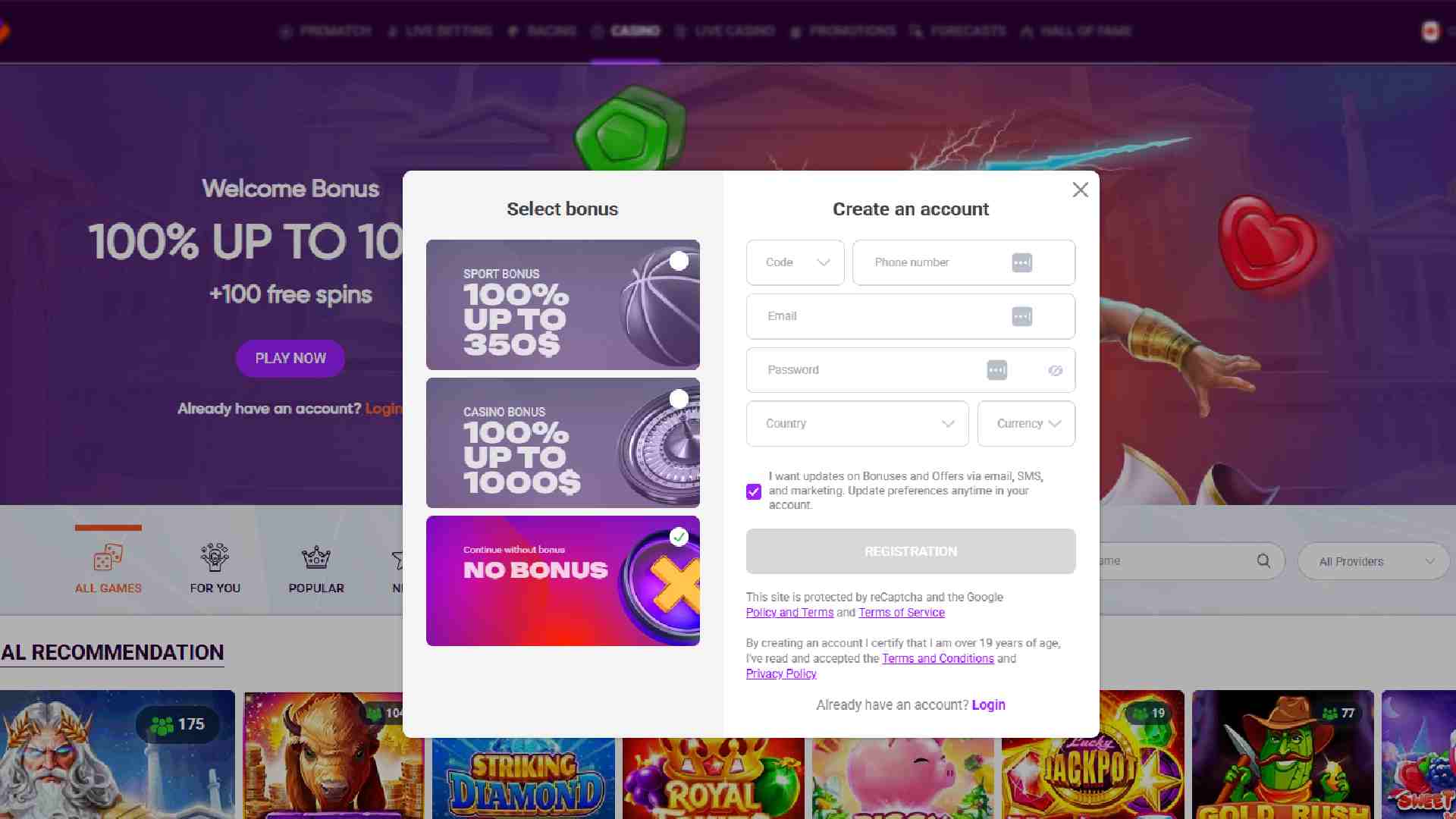 Registration form on TonyBet showing bonus options, including sports, casino, and no bonus choices.