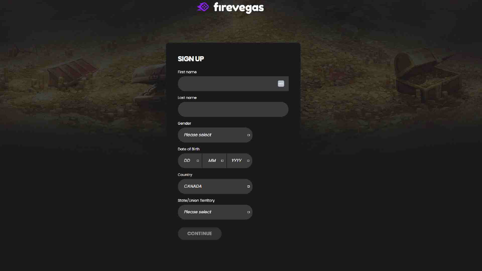 Fire Vegas sign-up form showing fields for personal details, gender, and country selection