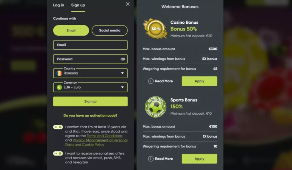 Fresh Casino sign up form with email, password, country and currency as well as welcome bonus offer.