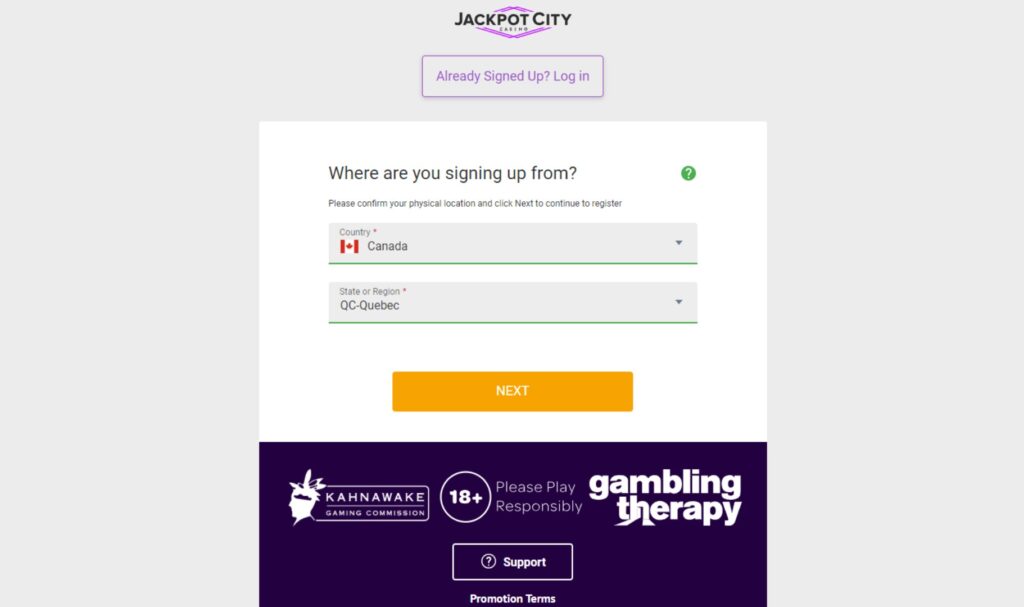 Jackpot City Casino sign up page with country, region selectors, "Next" button,  responsible gambling links, and support section