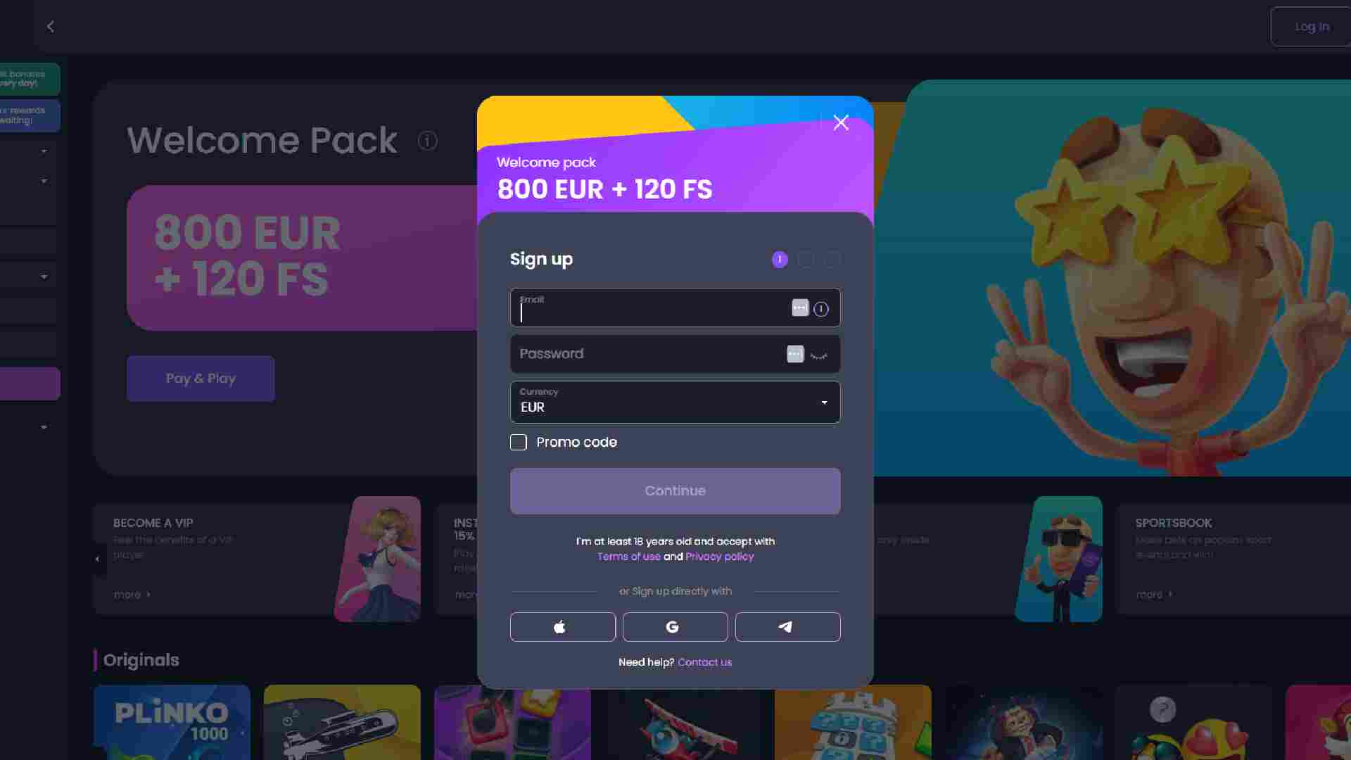 Sign-up screen at Betspino Casino with bonus details and quick registration details.