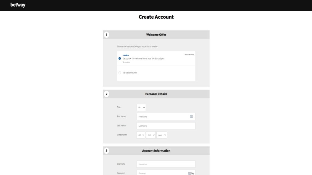 the registration form at betway casino