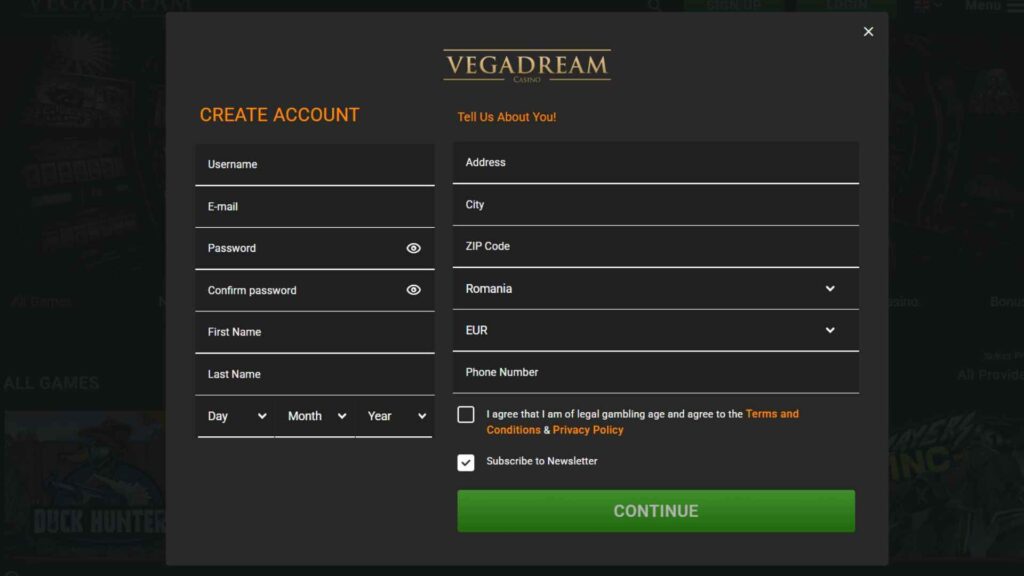 Vegadream Casino Sign Up