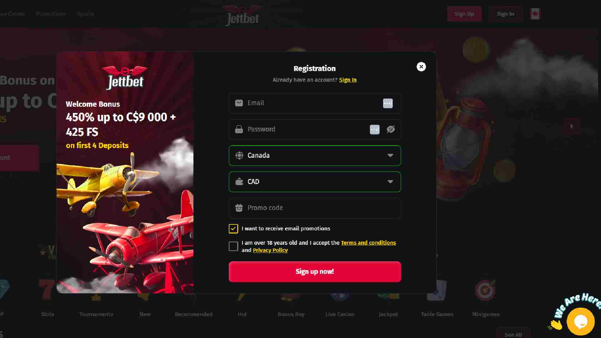 Jettbet Casino registration page with welcome bonus promotion and account setup options.