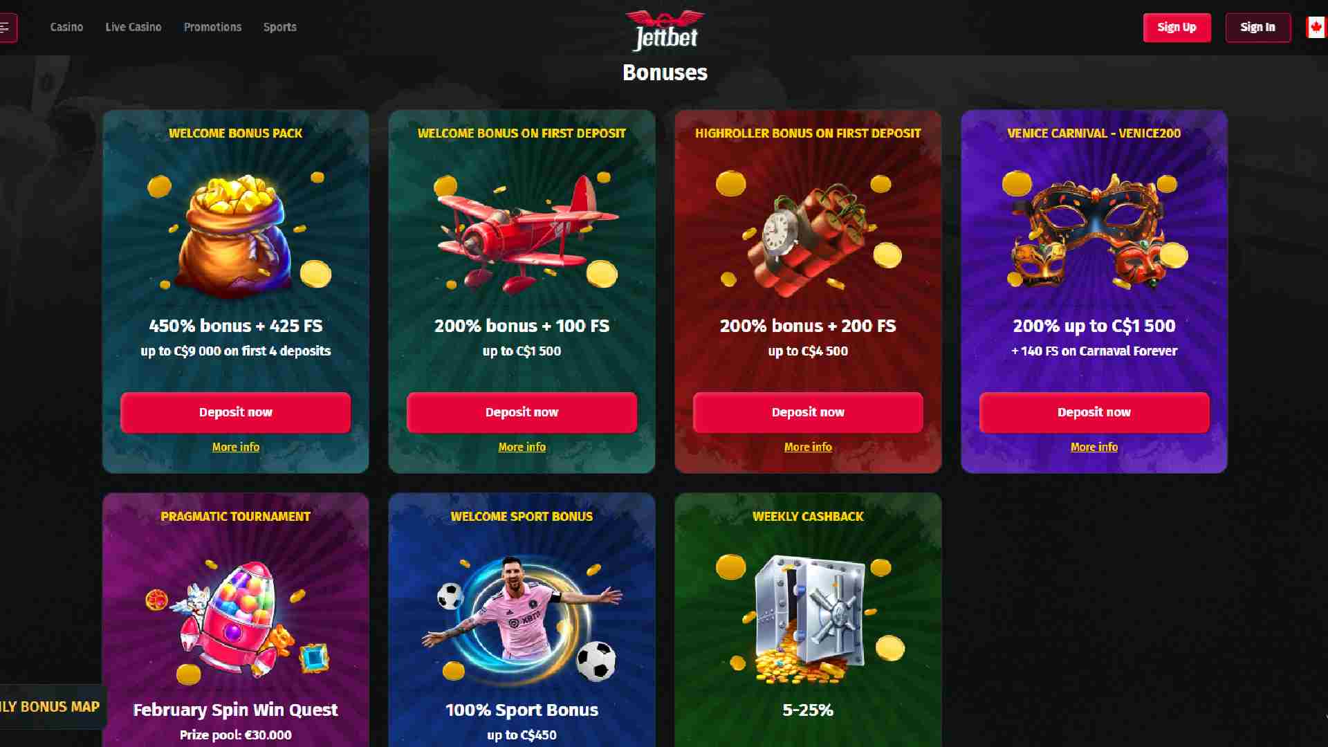 Jettbet Casino bonuses page featuring welcome offers, high-roller perks, cashback, and tournaments.





