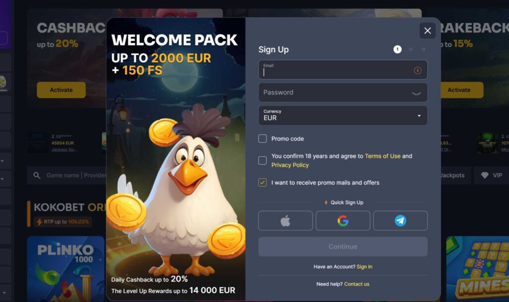 Sign-up screen at Kokobet Casino with bonus details and quick registration details.