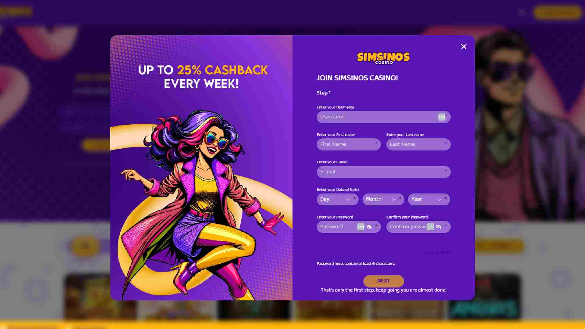 Simsinos Casino sign-up form with user details fields and a cashback promotion banner.