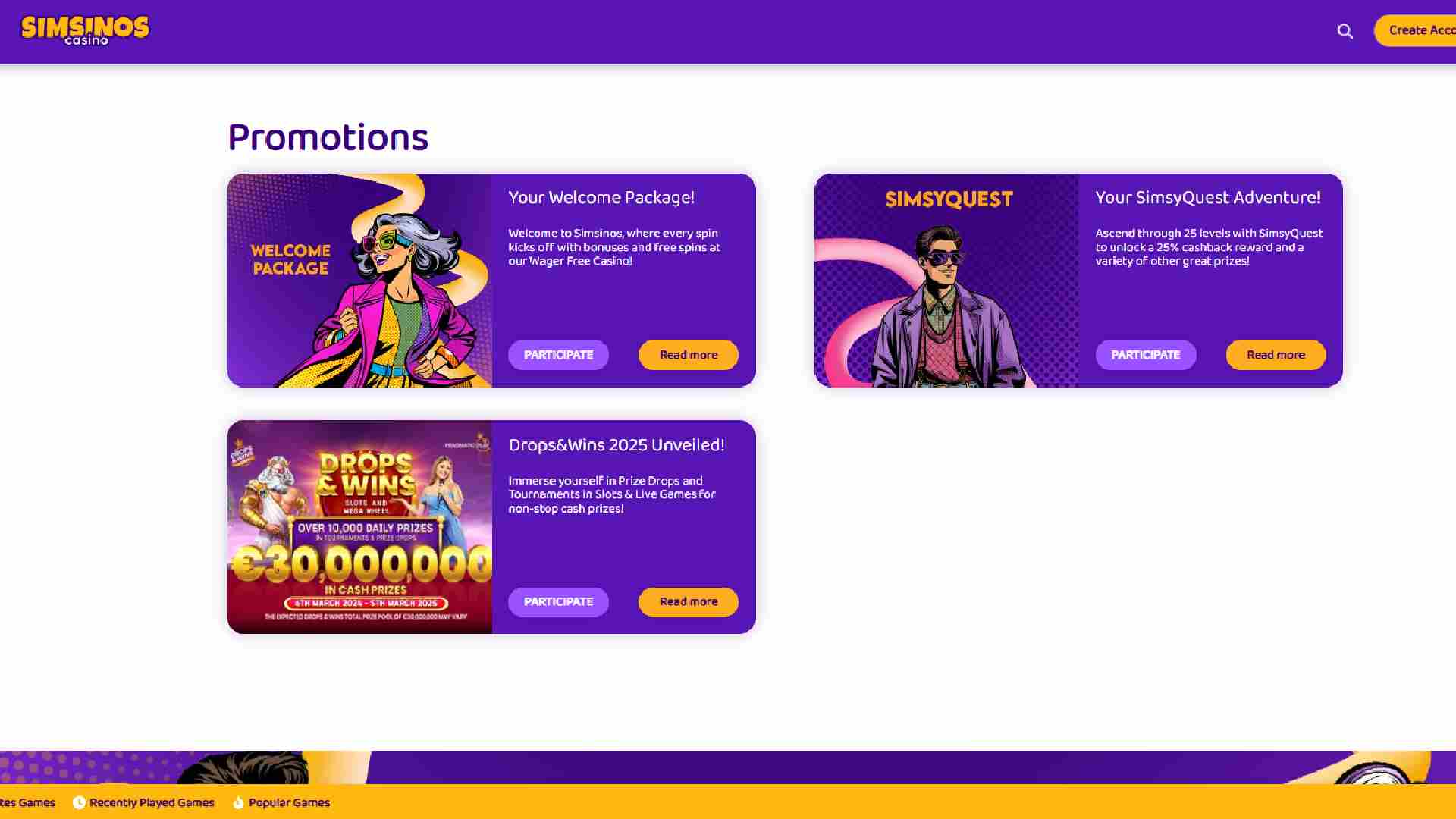 Simsinos Casino promotions page featuring bonuses, cashback rewards, and €30M prize tournaments.