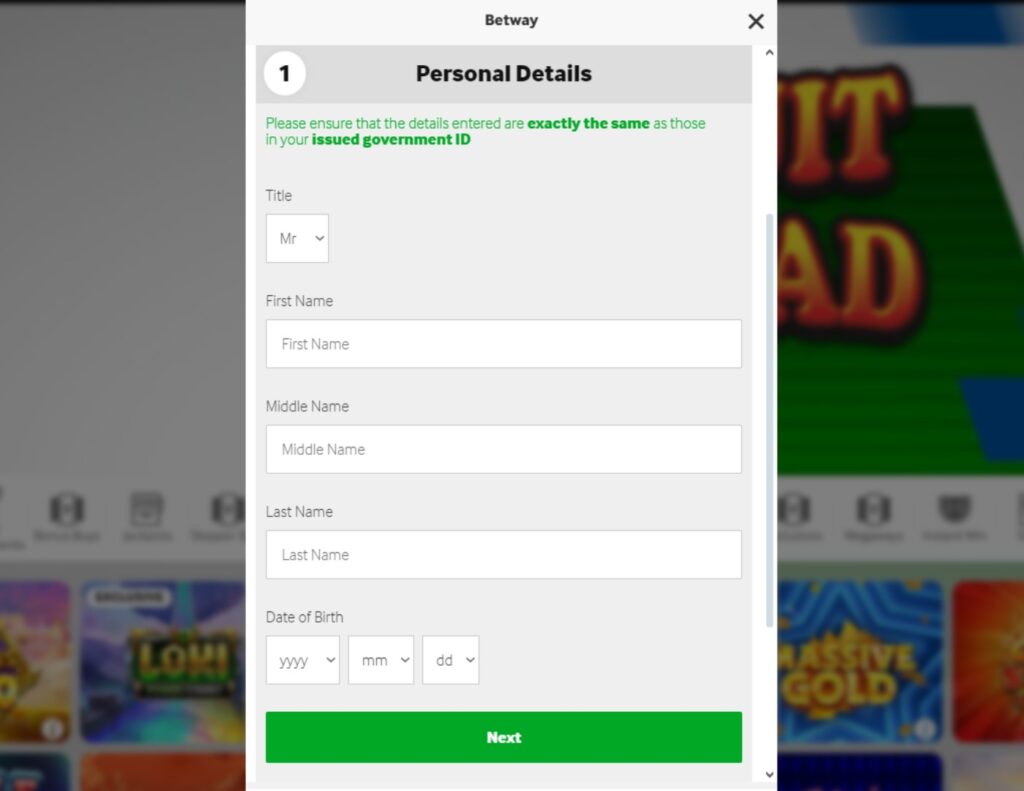 Betway Casino sign-up page contains Title, First Name, Middle Name, Last Name, and Date of Birth (year, month, day). 