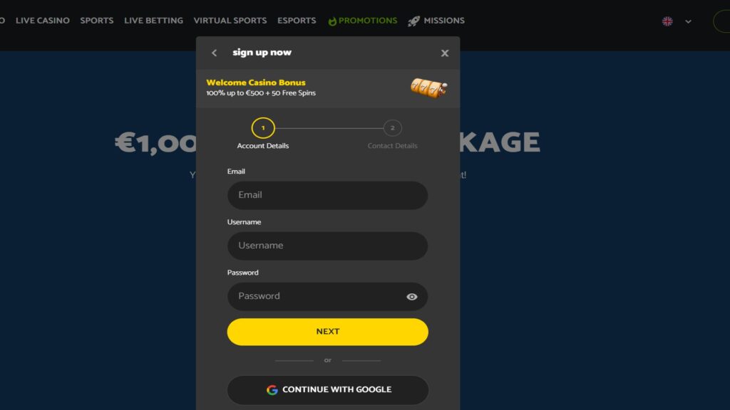 Sign-up screen at Palmslots Casino with bonus details and quick registration details.