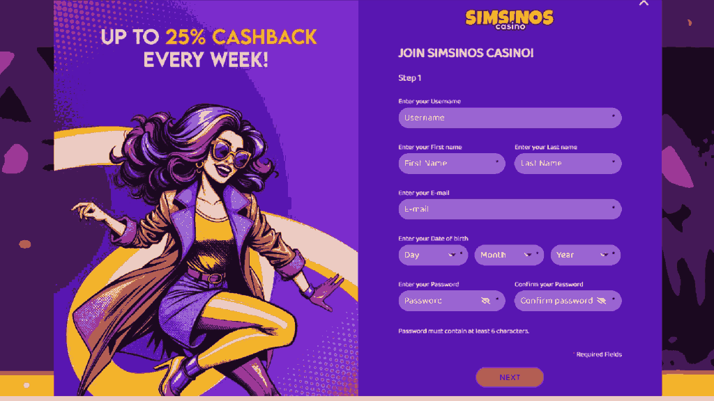 Fill with the basic information for the casino Simsinos registration
