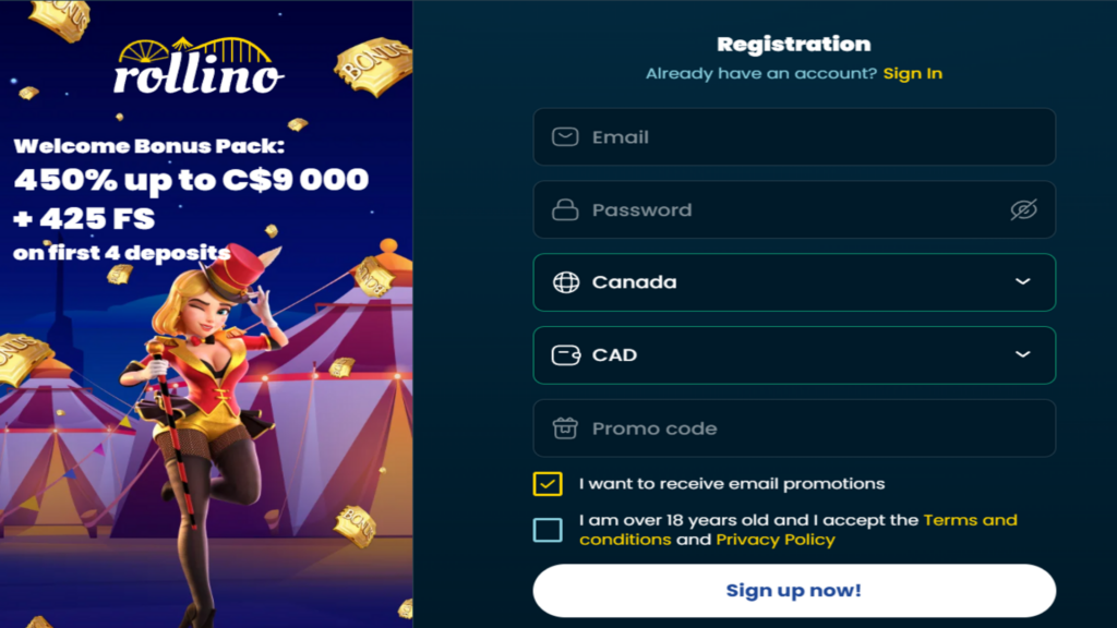 Rollino Casino registration page featuring a welcome bonus with sign-up fields for email, password, country, and currency