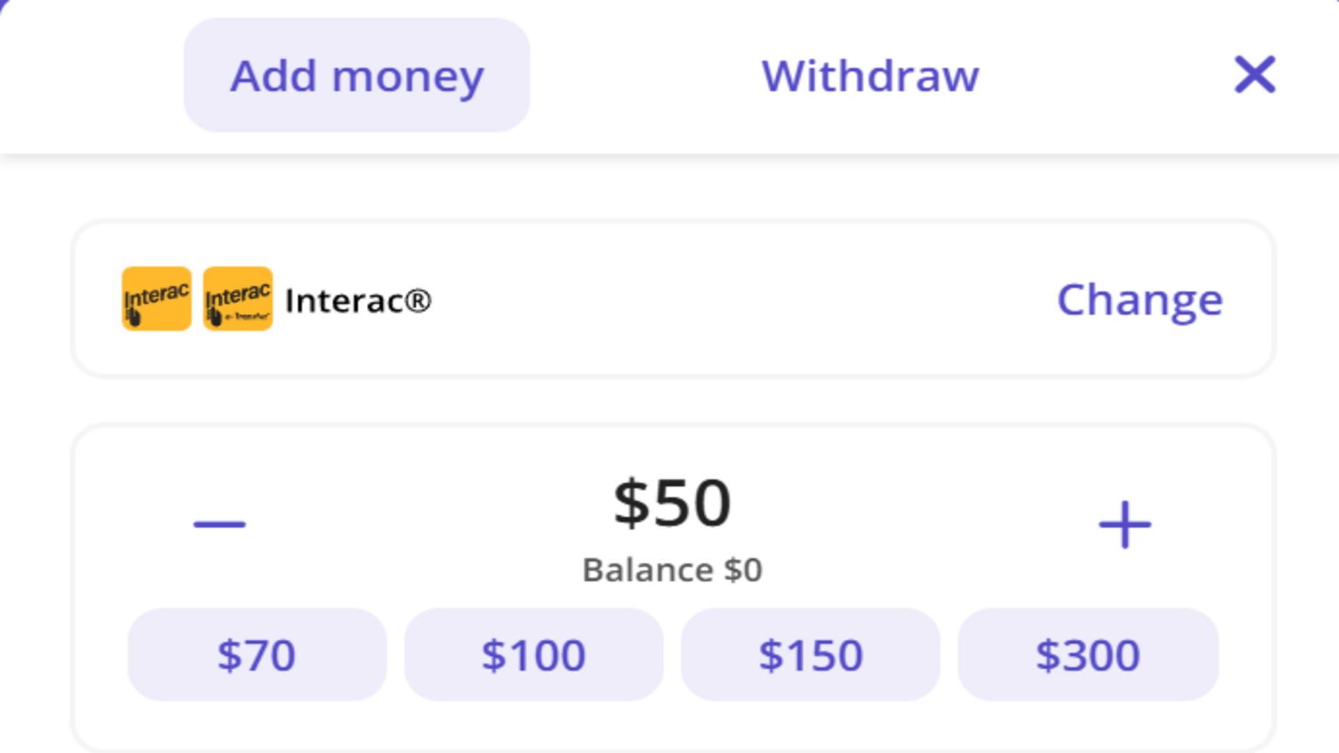 Casino Days deposit and withdrawal page with interac, balance, and company name.