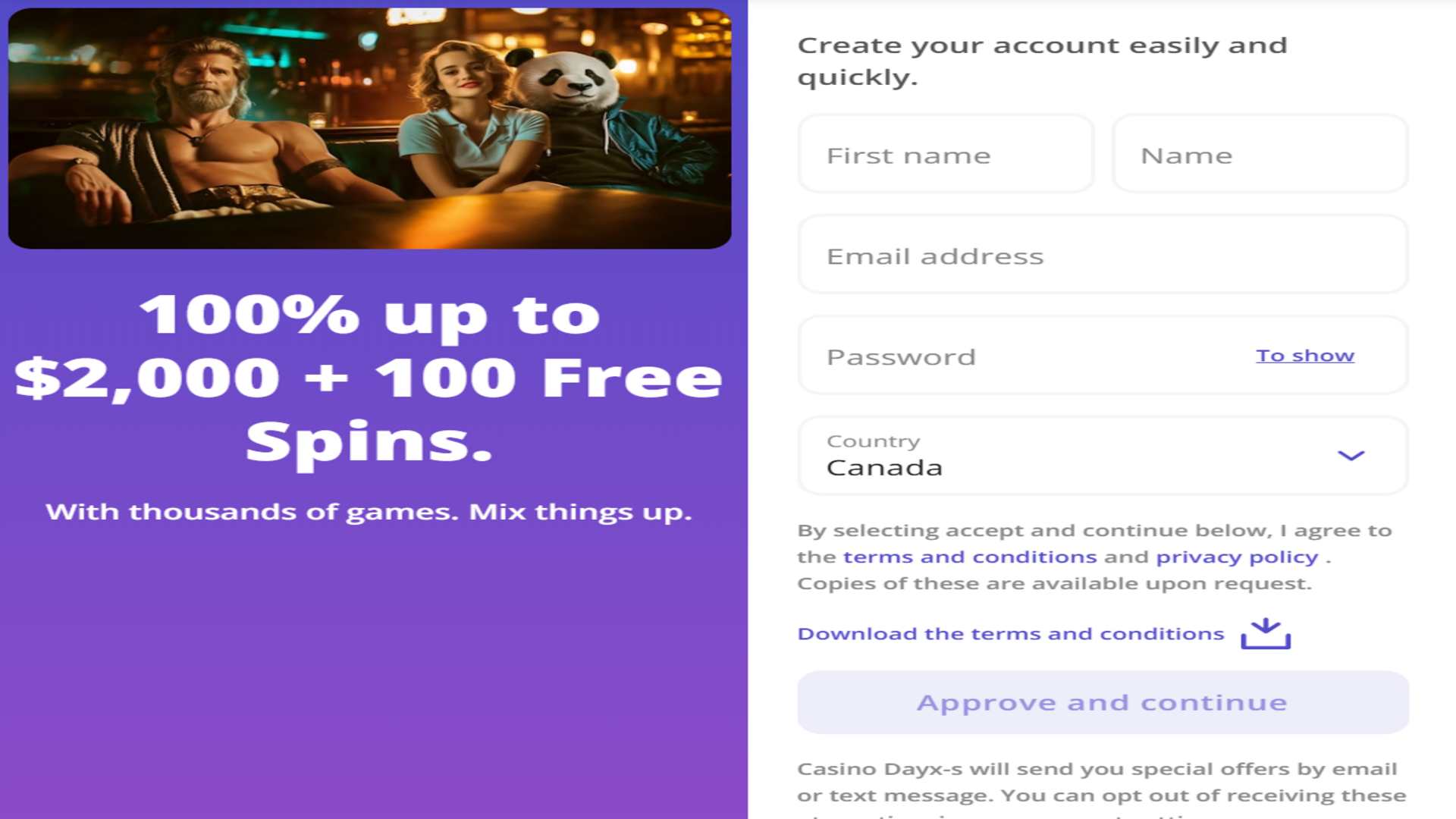 Casino Days registration page with first name, name, email, password and country fields.