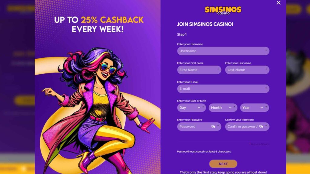 how to complete the Simsinos.com casino registration