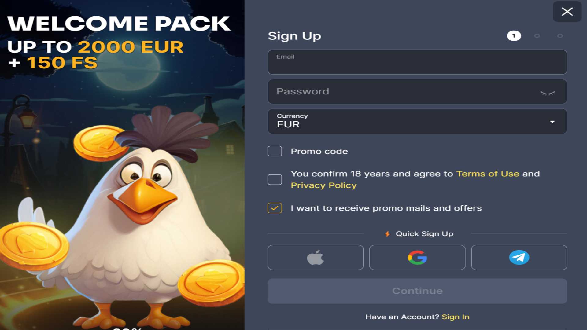Kokobet sign up page with email, password, currency, promo code, terms of use confirmation and promo mail and offers blocks.
