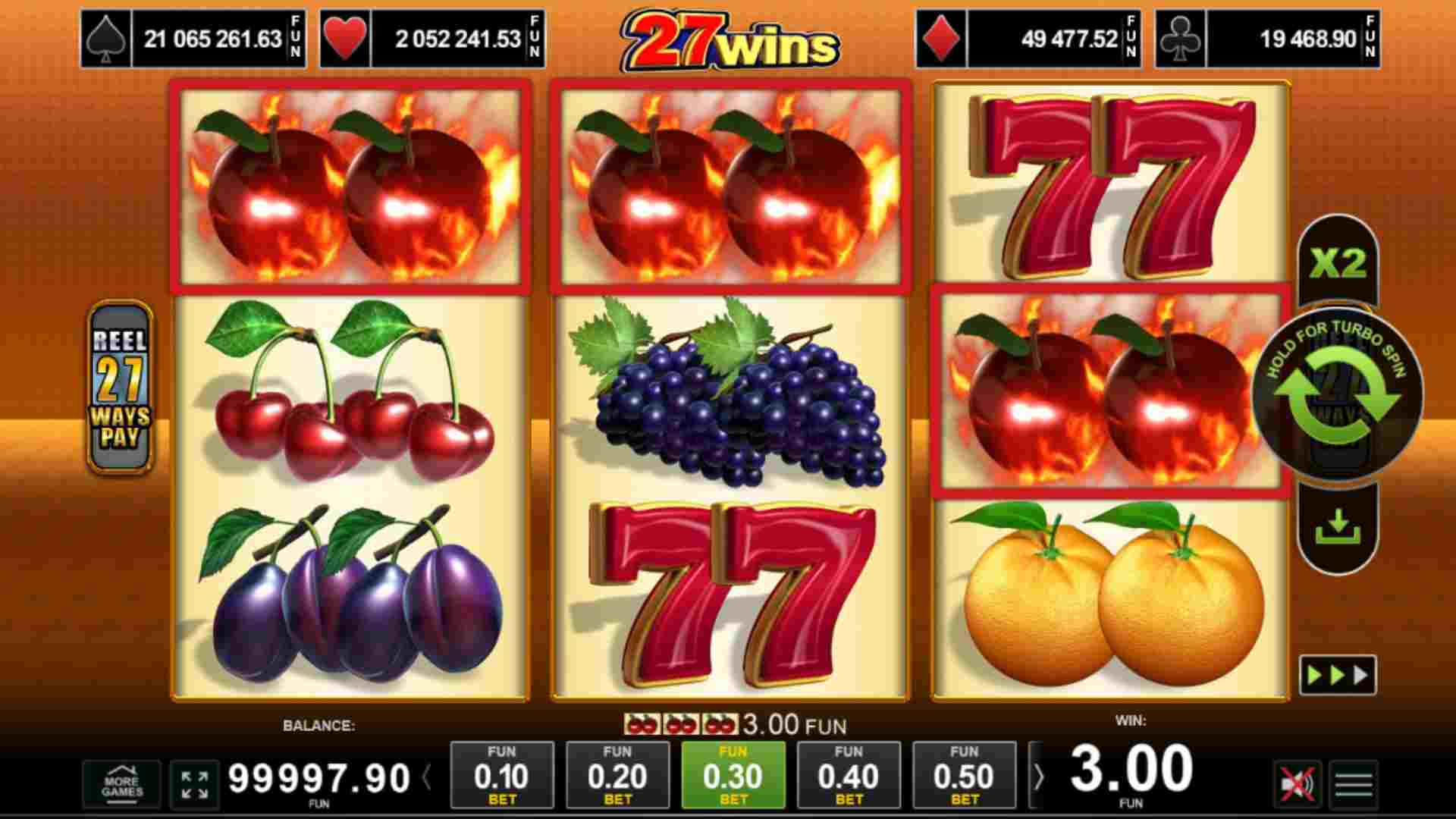 Награда в 27 Wins при 3 ябълки на печеливша линия