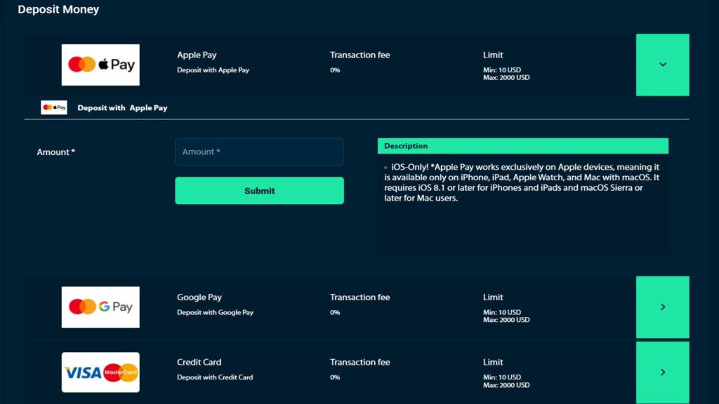 Rolletto Casino deposit page with banking options, transaction fee, and minimum/maximum limits.