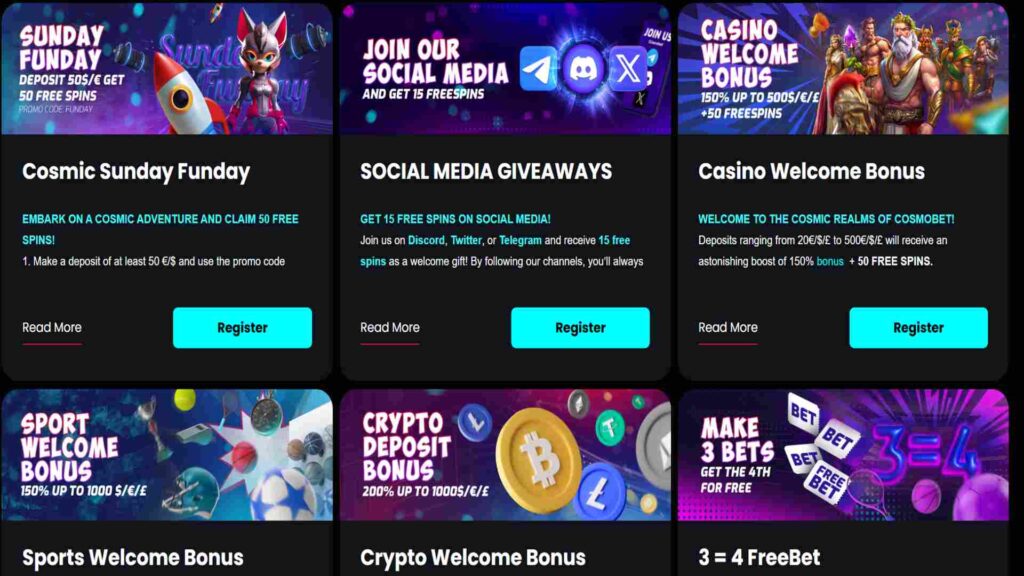 Cosmobet Casino promotions page showcases various bonuses, including deposit offers, free spins, social media giveaways, and crypto rewards