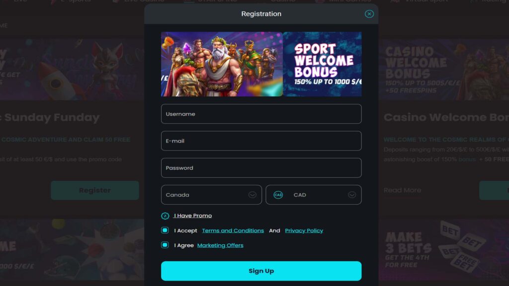 Cosmobet Casino registration page features a form with fields for username, email, password, country, currency, promo code, and agreement checkboxes.