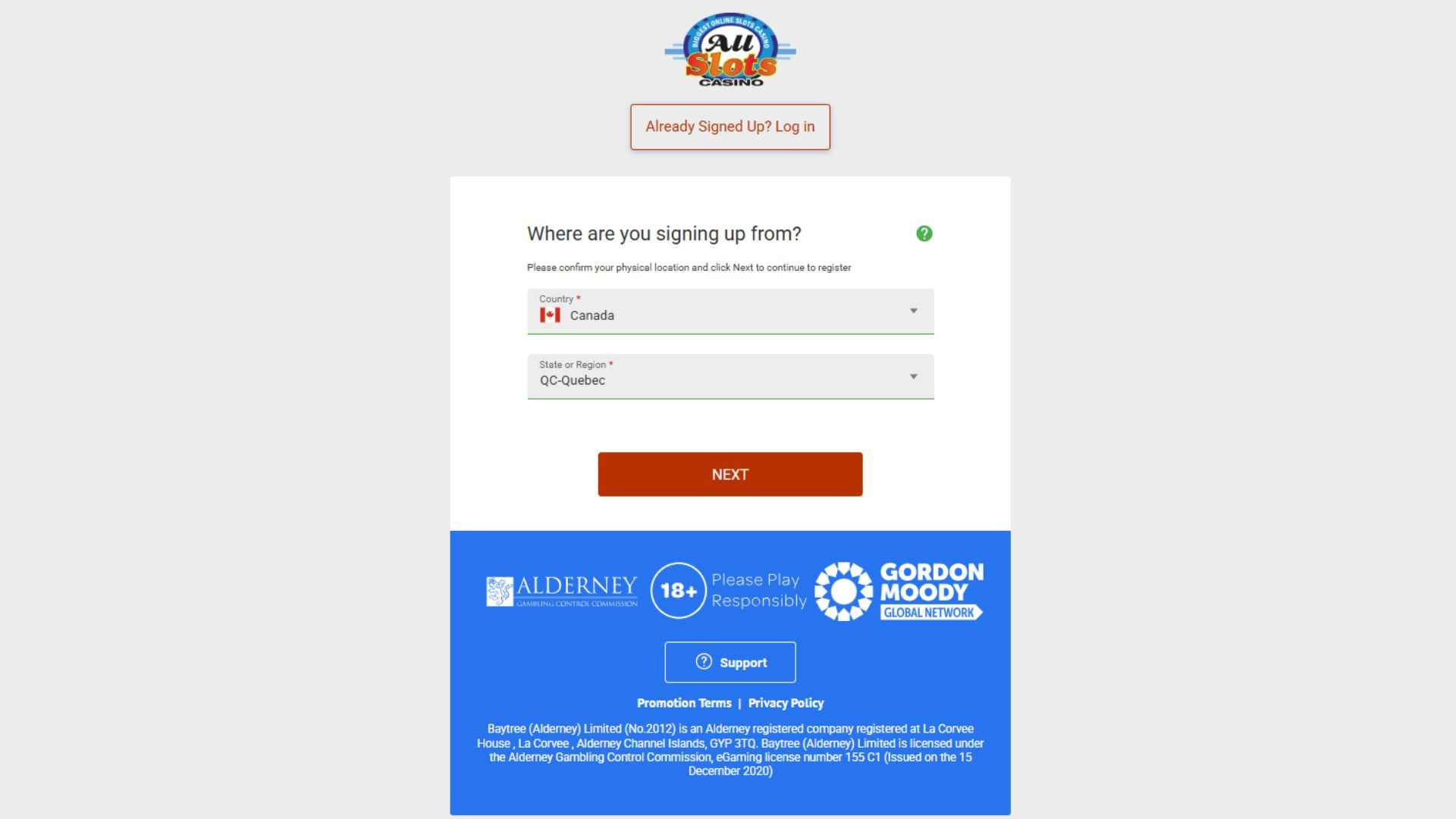 AllSlots Casino registration page