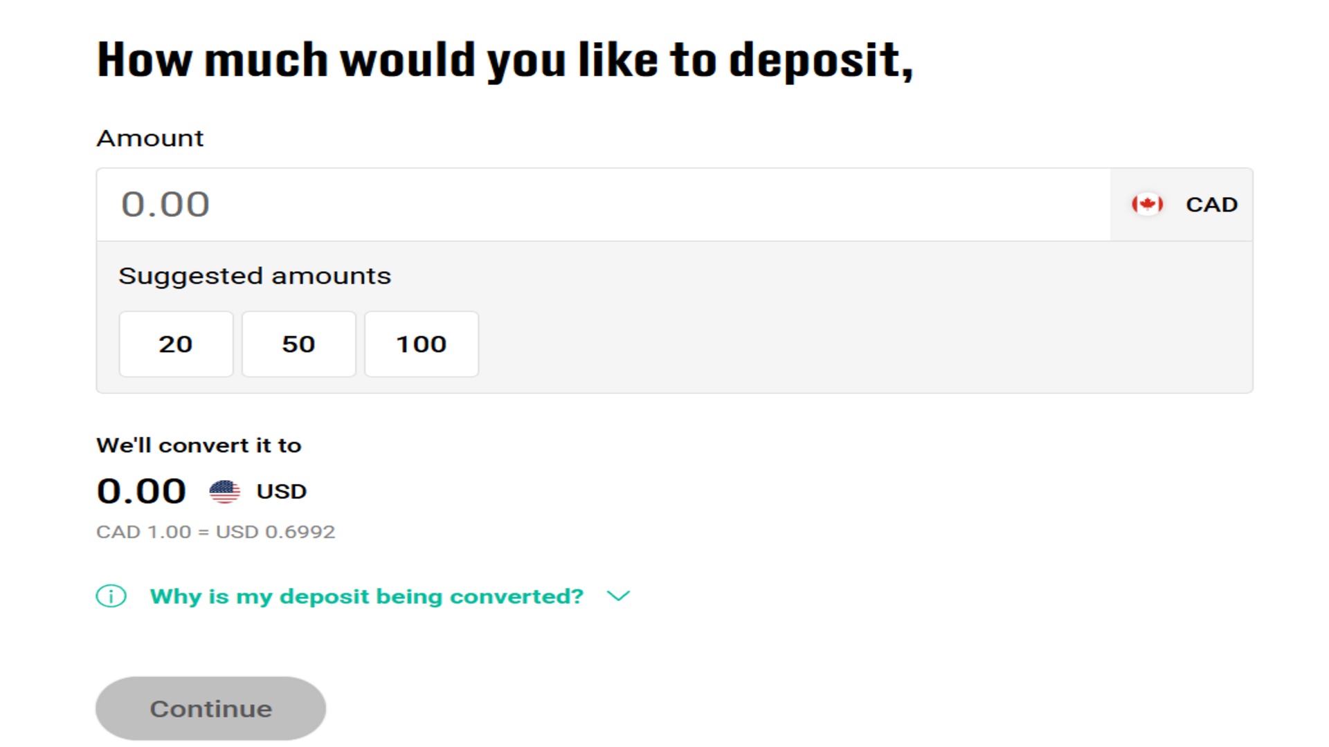 Pokerstars Casino payments page with deposit amount, suggested amounts and conversion rate