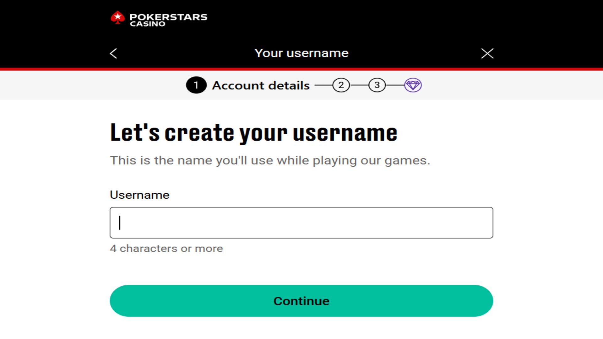 PokerStars Casino registration page with username block and casino logoregistration at the top of the screen