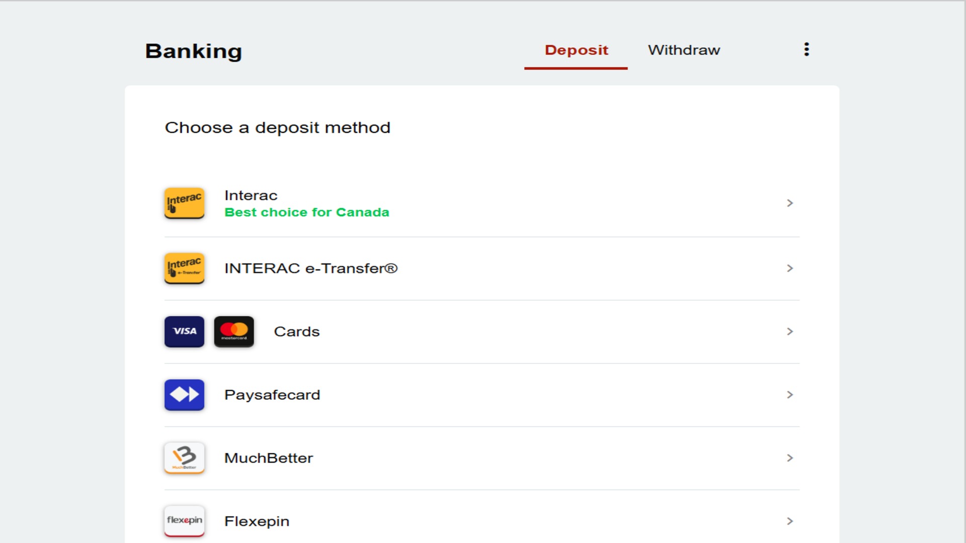 Royal Vegas Casino banking page with deposit and withdraw options as well as the methods listed.