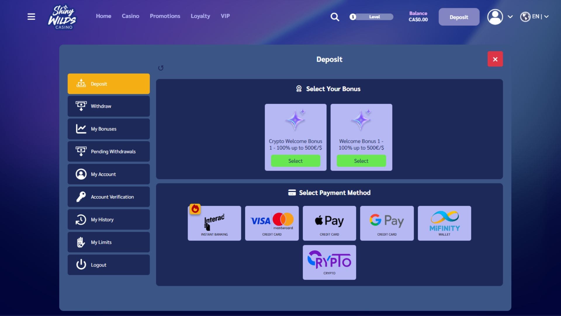select deposit methods at shiny wilds canada