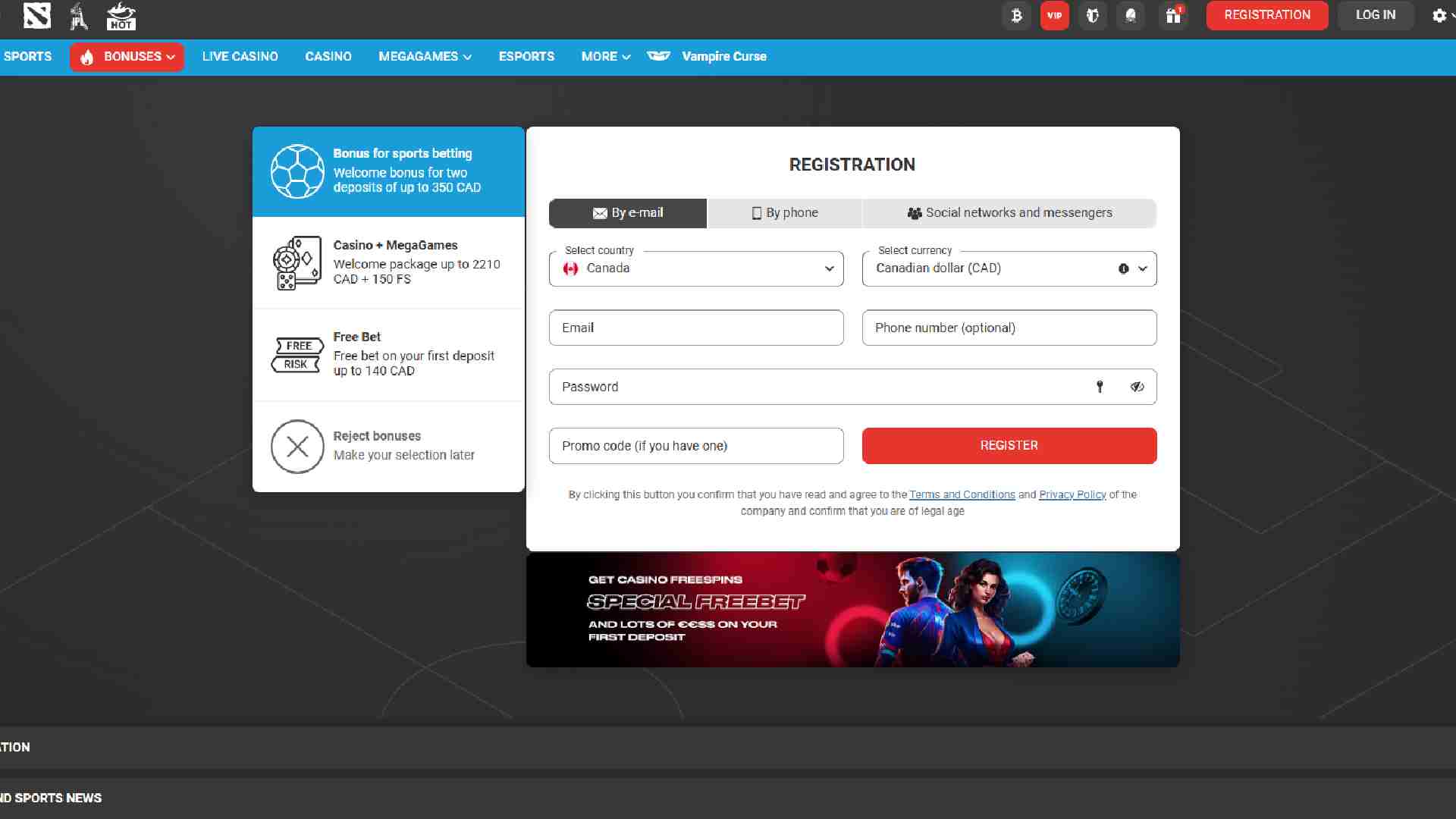 Megapari Casino registration form with welcome bonuses and multiple sign-up methods visible.