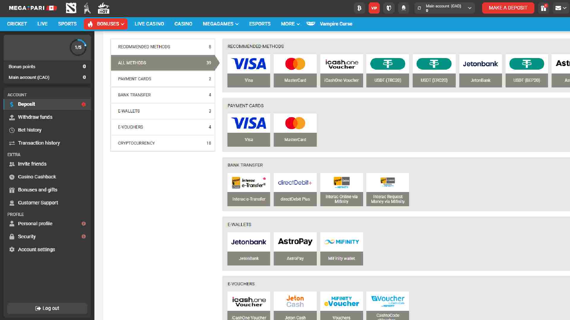 Deposit methods at Megapari Casino including cards, vouchers, bank, wallets, and crypto options.