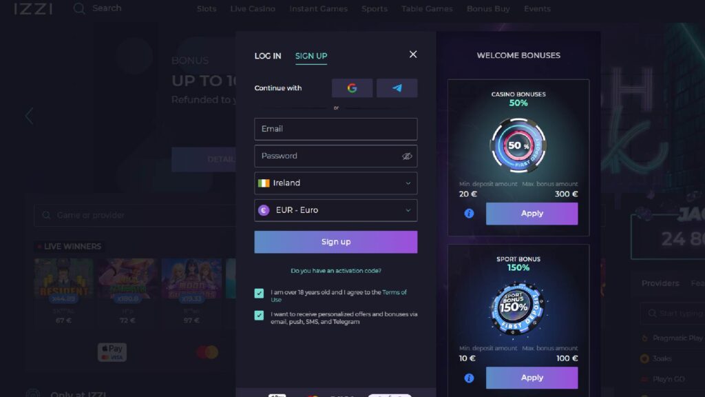 registration process at casino Izzi