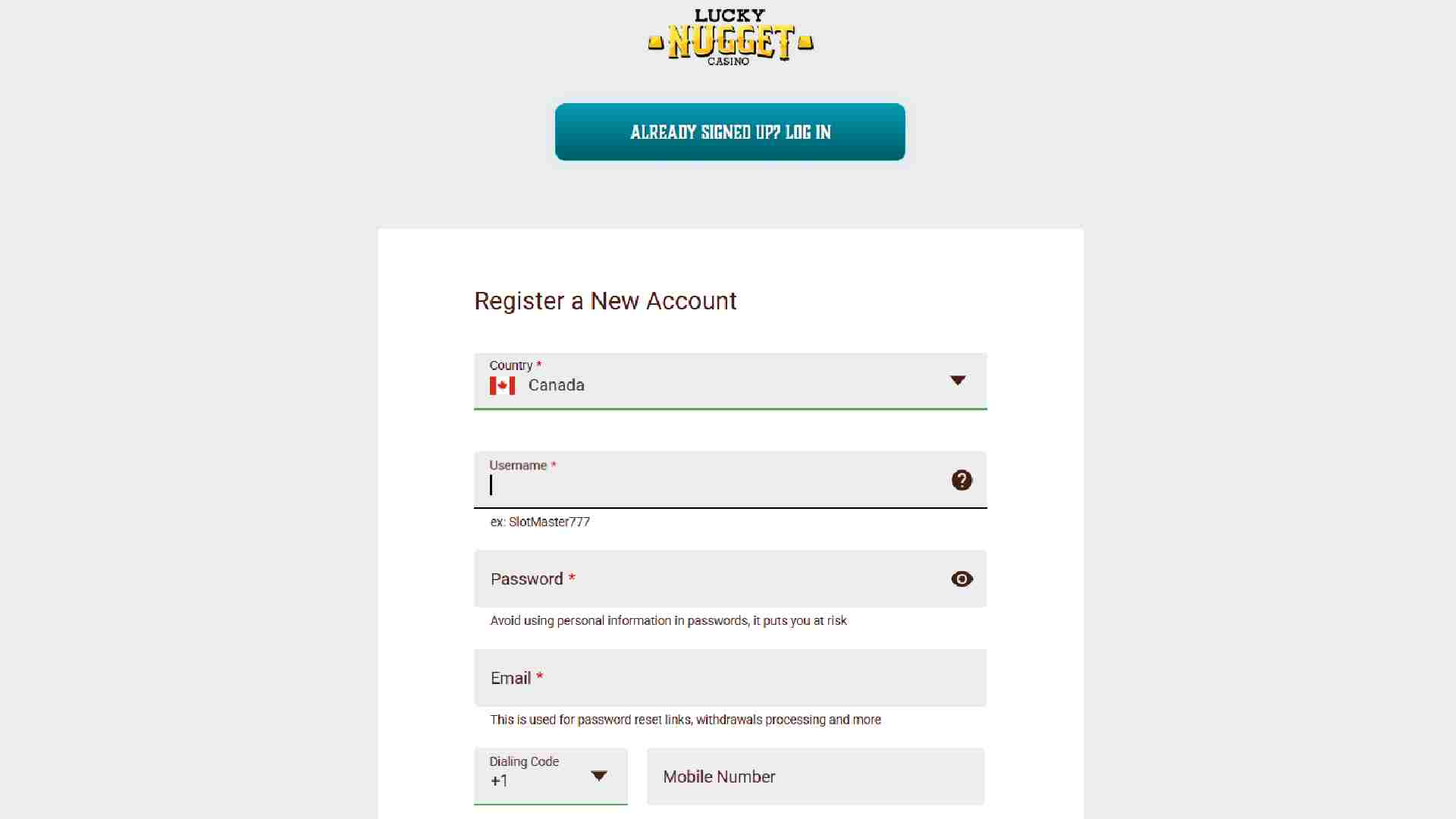 Register a Lucky Nugget Casino account with simple steps and secure personal details.
